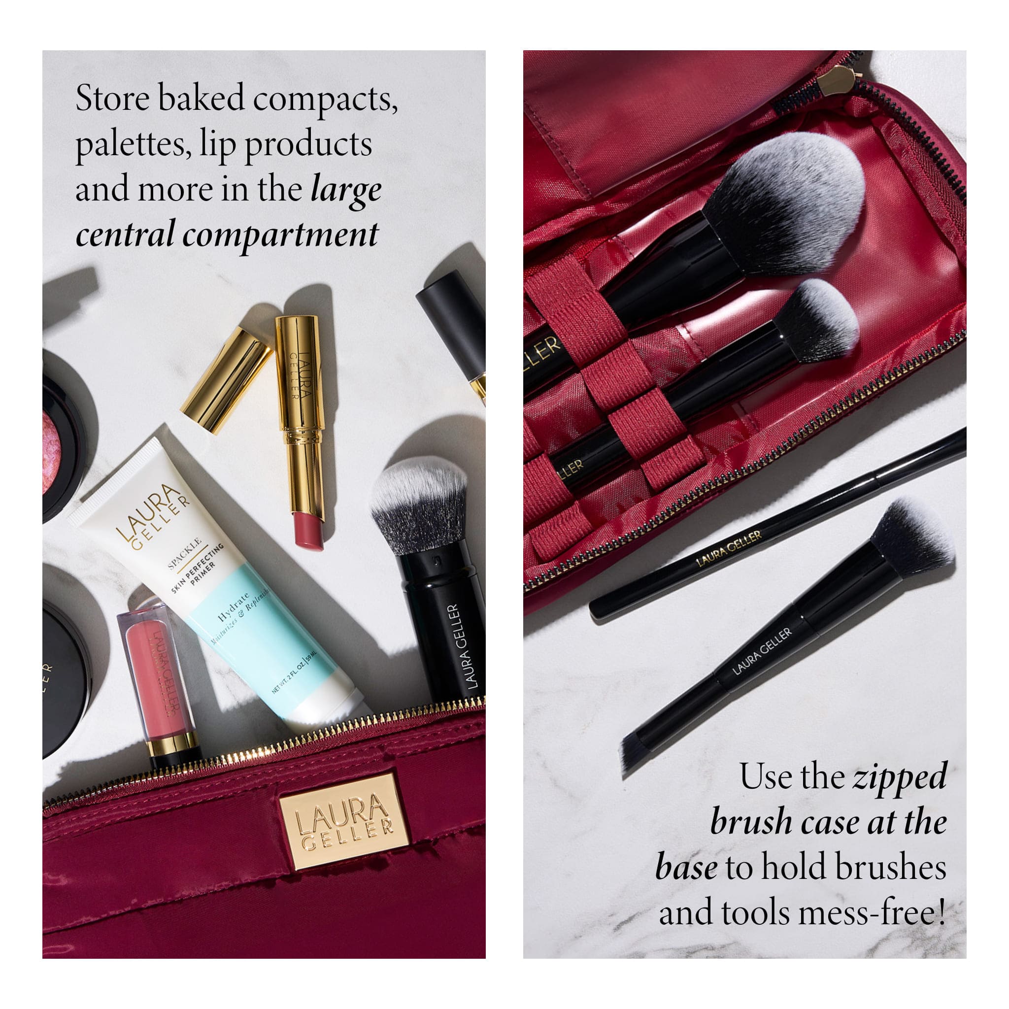 Quilted Makeup Bag with Brush Case. Burgundy - Image 2